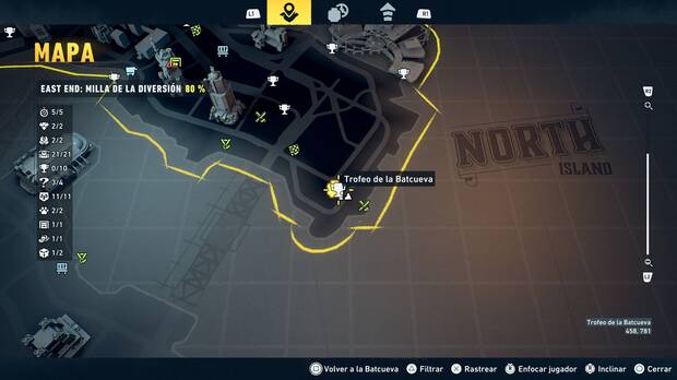 LEGO Batman: El Legado del Caballero Oscuro - Localizaci�n en el mapa del trofeo de la Batcueva Dientes del Joker 01 en East End - Milla de la diversi�n