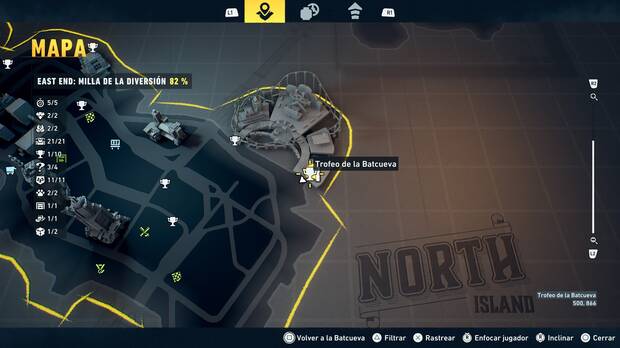 LEGO Batman: El Legado del Caballero Oscuro - Localizaci�n en el mapa del trofeo de la Batcueva Dientes del Joker 02 en East End - Milla de la diversi�n