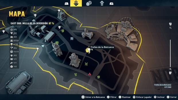 LEGO Batman: El Legado del Caballero Oscuro - Localizaci�n en el mapa del trofeo de la Batcueva Dientes del Joker 05 en East End - Milla de la diversi�n