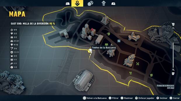 LEGO Batman: El Legado del Caballero Oscuro - Localizaci�n en el mapa del trofeo de la Batcueva Dientes del Joker 10 en East End - Milla de la diversi�n