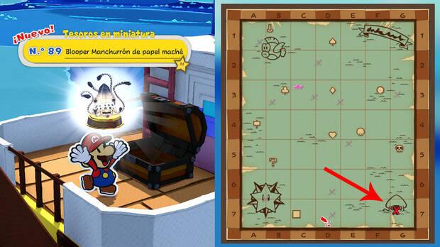 Todos los Tesoros en miniatura en Océano Eterno de Paper Mario The Origami King - Tesoro en miniatura Nº 89: Blooper Manchurrón de papel maché