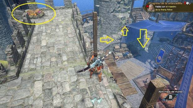 Monster Hunter Rise: Sunbreak - Camino señalado hacia lo alto de la muralla del nido de Bubos de Elgado