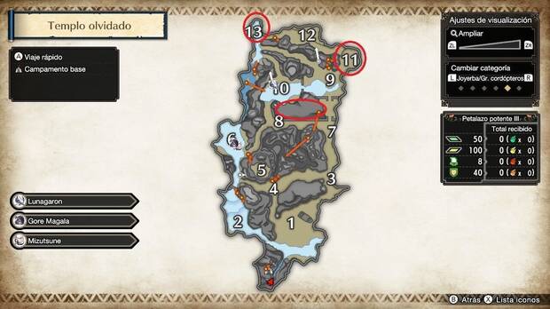 Monster Hunter Rise: Sunbreak - Mapa del Templo olvidado con zonas de Kelbi para conseguir Piel valiosa
