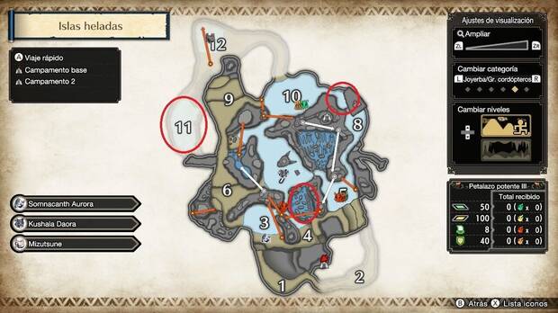 Monster Hunter Rise: Sunbreak - Mapa de las Islas heladas con zonas de Zamite para conseguir Cota flexible