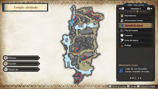 Monster Hunter Rise: Sunbreak - Mapa de afloramientos mineros azules en Templo olvidado para obtener Estuporita
