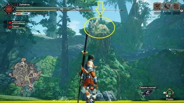 Monster Hunter Rise: Sunbreak - Tronco de árbol por el que llegar a la cueva secreta de Bastión
