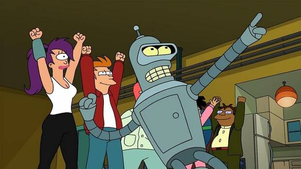 Fotograma de Futurama con Bender, Fry y Leela