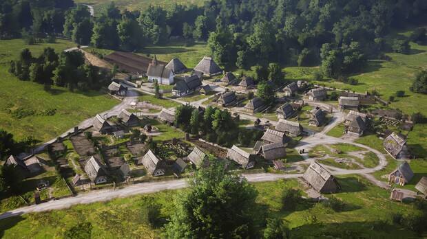 Imagen promocional de Manor Lords con un paisaje de un pueblo medieval