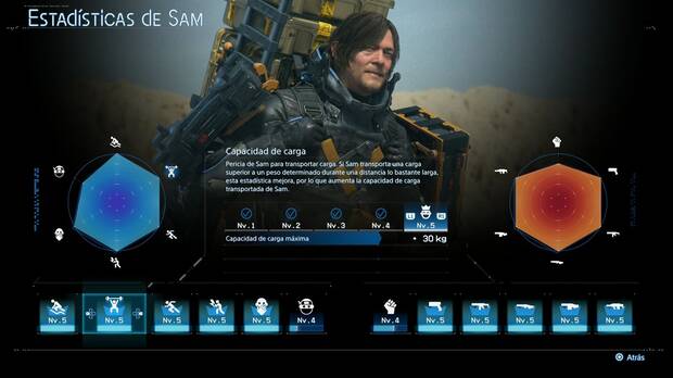 Death Stranding 2 - Cómo cargar más peso, estadística de capacidad de carga de Sam