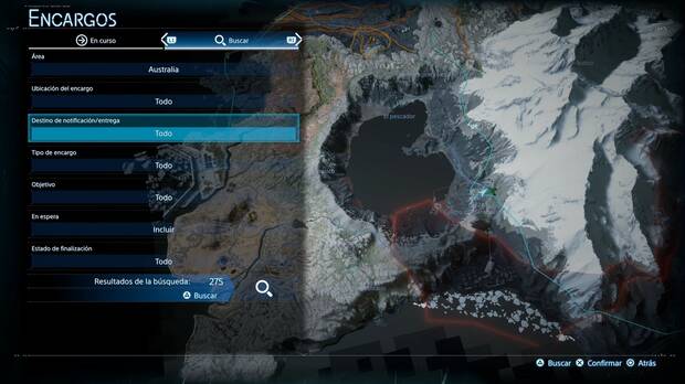 Death Stranding 2 - Encargos estándar, menú de búsqueda de encargos