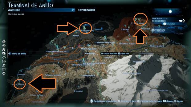 Death Stranding 2 - Guía de trofeos, ubicación de tres minas en el mapa