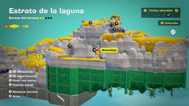 Donkey Kong Bananza - Localización en el mapa del fósil amonites 05 en Estrato de la laguna