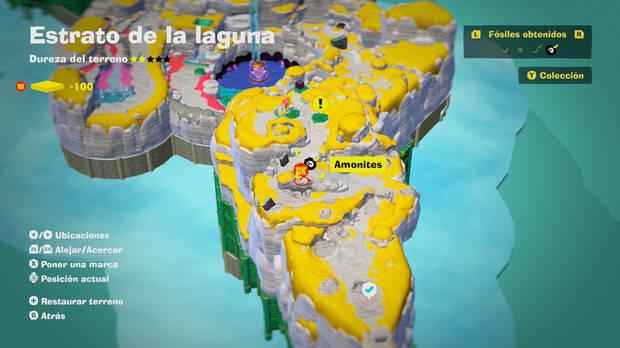 Donkey Kong Bananza - Localización en el mapa del fósil amonites 01 en Estrato de la laguna
