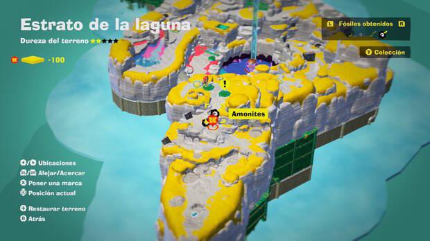 Donkey Kong Bananza - Localización en el mapa del fósil amonites 02 en Estrato de la laguna