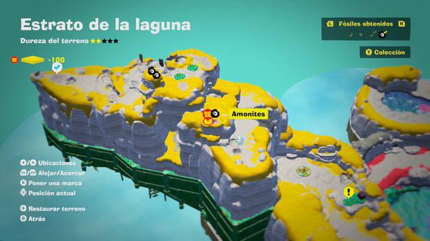 Donkey Kong Bananza - Localización en el mapa del fósil amonites 03 en Estrato de la laguna