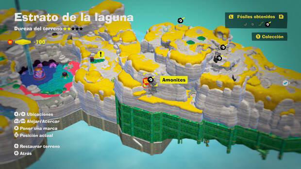Donkey Kong Bananza - Localización en el mapa del fósil amonites 04 en Estrato de la laguna