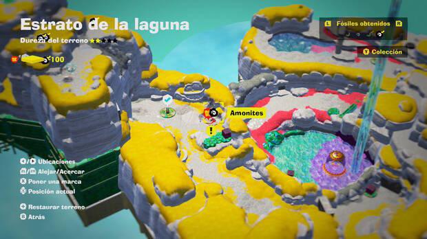 Donkey Kong Bananza - Localización en el mapa del fósil amonites 06 en Estrato de la laguna