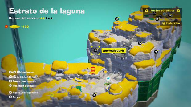 Donkey Kong Bananza - Localización en el mapa del fósil anomalocaris 01 en Estrato de la laguna