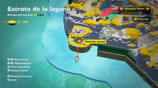 Donkey Kong Bananza - Localización en el mapa del fósil de ballena en Estrato de la laguna