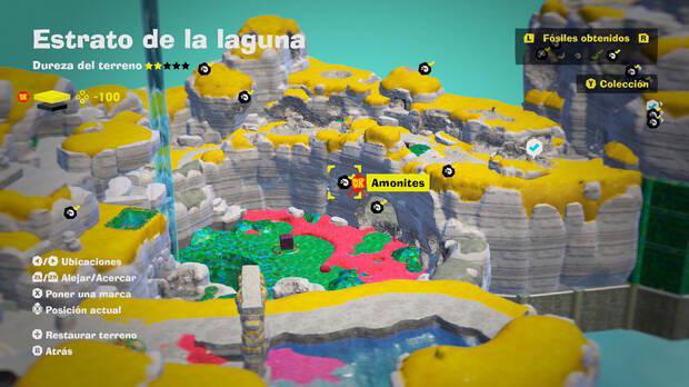Donkey Kong Bananza - Localización en el mapa del fósil amonites 12 en Estrato de la laguna