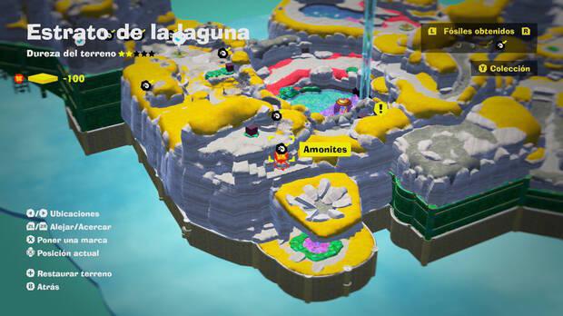 Donkey Kong Bananza - Localización en el mapa del fósil amonites 09 en Estrato de la laguna