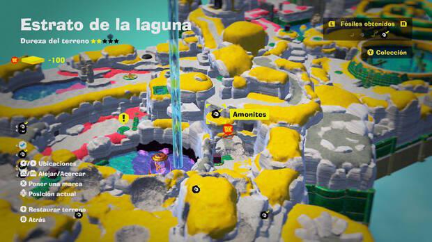 Donkey Kong Bananza - Localización en el mapa del fósil amonites 10 en Estrato de la laguna