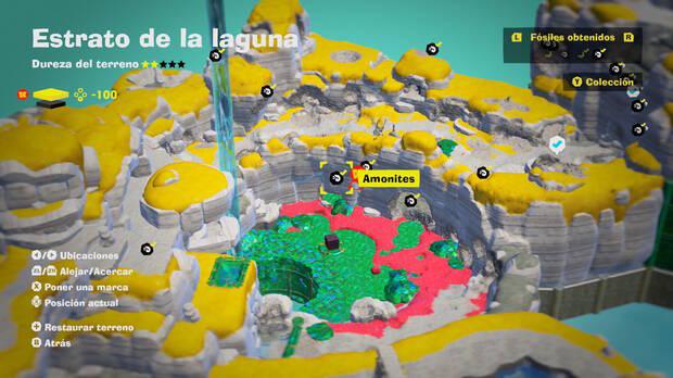 Donkey Kong Bananza - Localización en el mapa del fósil amonites 13 en Estrato de la laguna