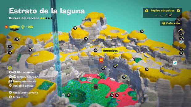 Donkey Kong Bananza - Localización en el mapa del fósil amonites 14 en Estrato de la laguna