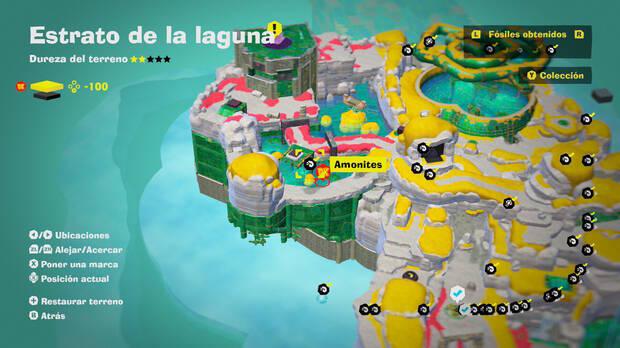 Donkey Kong Bananza - Localización en el mapa del fósil amonites 31 en Estrato de la laguna