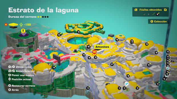 Donkey Kong Bananza - Localización en el mapa del fósil amonites 32 en Estrato de la laguna