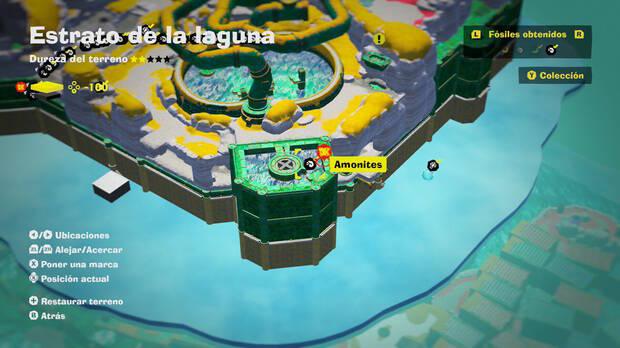 Donkey Kong Bananza - Localización en el mapa del fósil amonites 28 en Estrato de la laguna