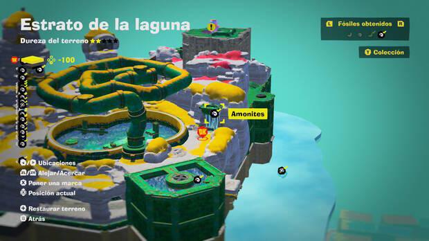 Donkey Kong Bananza - Localización en el mapa del fósil amonites 29 en Estrato de la laguna