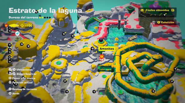 Donkey Kong Bananza - Localización en el mapa del fósil amonites 30 en Estrato de la laguna