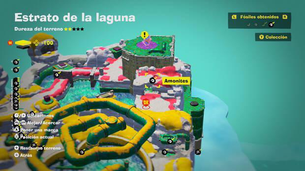 Donkey Kong Bananza - Localización en el mapa del fósil amonites 33 en Estrato de la laguna