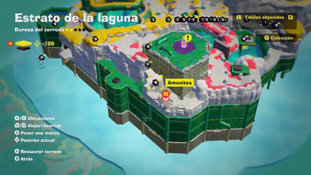 Donkey Kong Bananza - Localización en el mapa del fósil amonites 34 en Estrato de la laguna