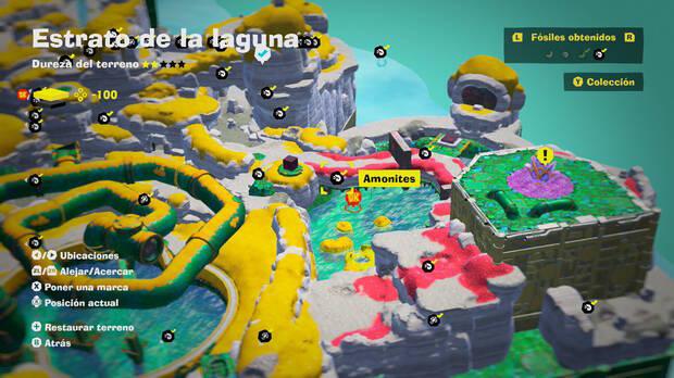Donkey Kong Bananza - Localización en el mapa del fósil amonites 35 en Estrato de la laguna