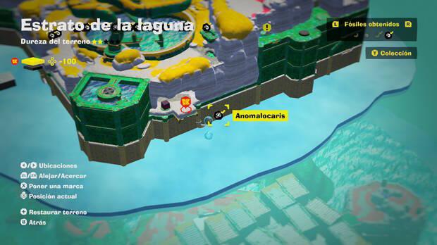Donkey Kong Bananza - Localización en el mapa del fósil anomalocaris 03 en Estrato de la laguna