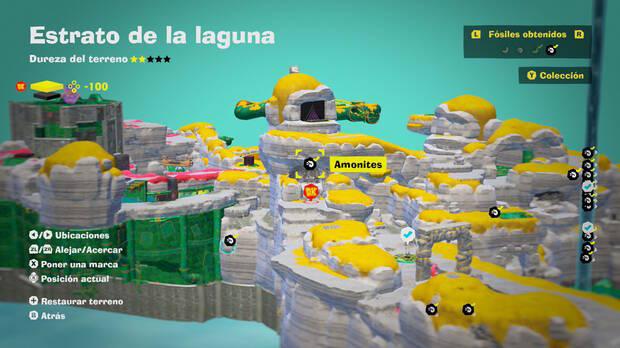 Donkey Kong Bananza - Localización en el mapa del fósil amonites 19 en Estrato de la laguna