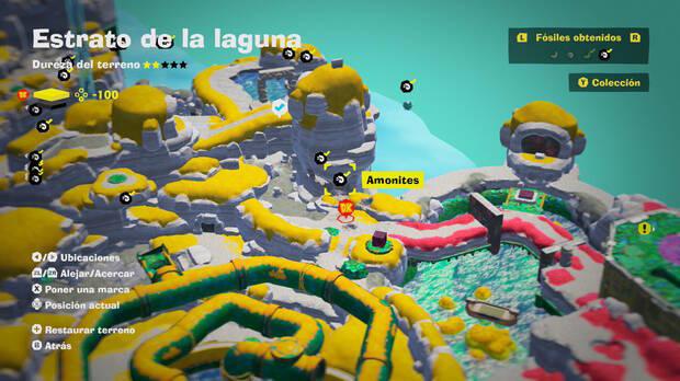 Donkey Kong Bananza - Localización en el mapa del fósil amonites 20 en Estrato de la laguna