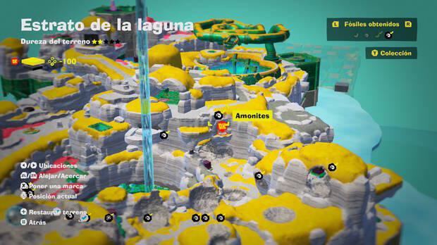 Donkey Kong Bananza - Localización en el mapa del fósil amonites 15 en Estrato de la laguna