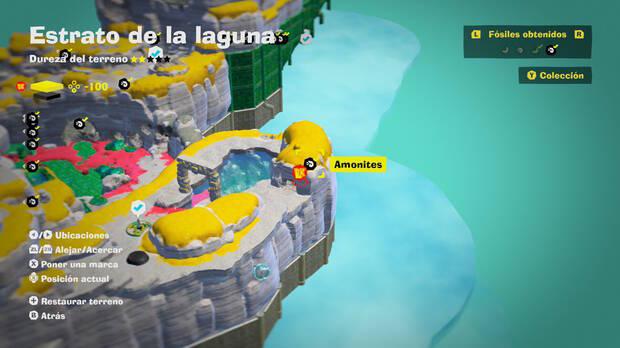 Donkey Kong Bananza - Localización en el mapa del fósil amonites 16 en Estrato de la laguna