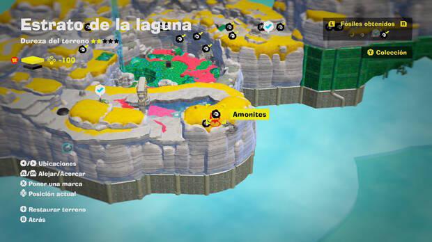 Donkey Kong Bananza - Localización en el mapa del fósil amonites 17 en Estrato de la laguna
