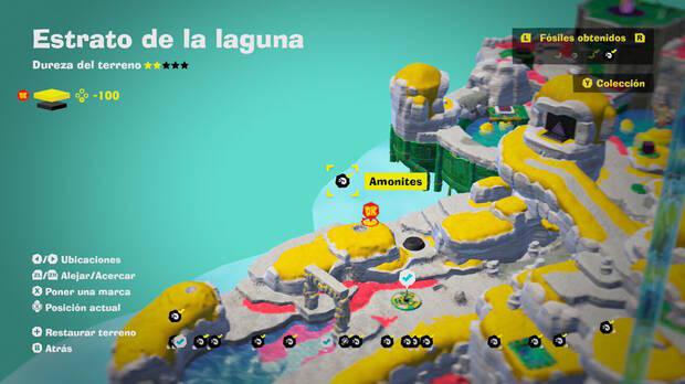 Donkey Kong Bananza - Localización en el mapa del fósil amonites 18 en Estrato de la laguna