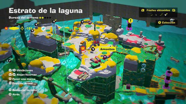 Donkey Kong Bananza - Localización en el mapa del fósil amonites 42 en Estrato de la laguna