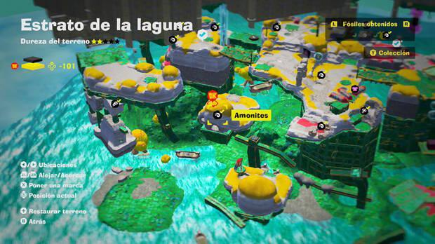 Donkey Kong Bananza - Localización en el mapa del fósil amonites 44 en Estrato de la laguna