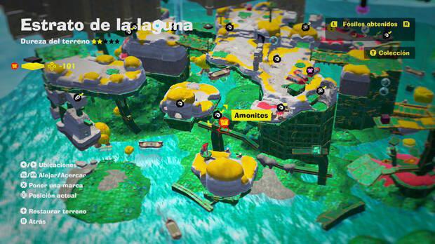 Donkey Kong Bananza - Localización en el mapa del fósil amonites 45 en Estrato de la laguna