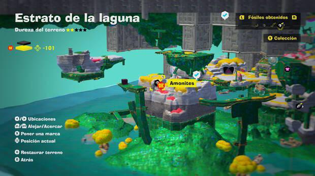 Donkey Kong Bananza - Localización en el mapa del fósil amonites 38 en Estrato de la laguna