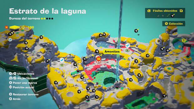 Donkey Kong Bananza - Localización en el mapa del fósil amonites 25 en Estrato de la laguna