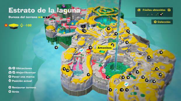 Donkey Kong Bananza - Localización en el mapa del fósil amonites 26 en Estrato de la laguna