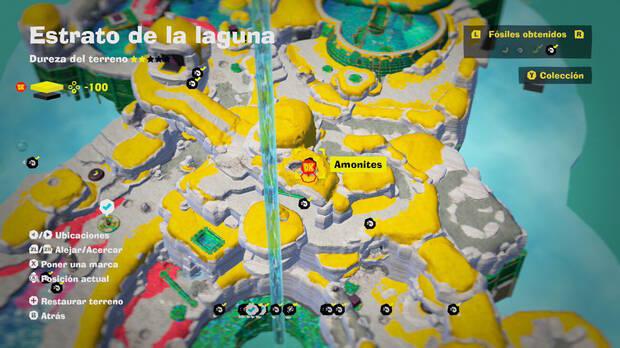 Donkey Kong Bananza - Localización en el mapa del fósil amonites 21 en Estrato de la laguna